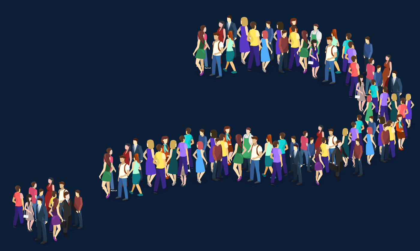 people in long queue in the shape of a question mark